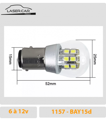 DIMENSIONS AMPOULE LED auto P21/5w , 6v a 12V, BAY15D, 1157 POSITION/STOP, LED LASER CAR, LASERCAR