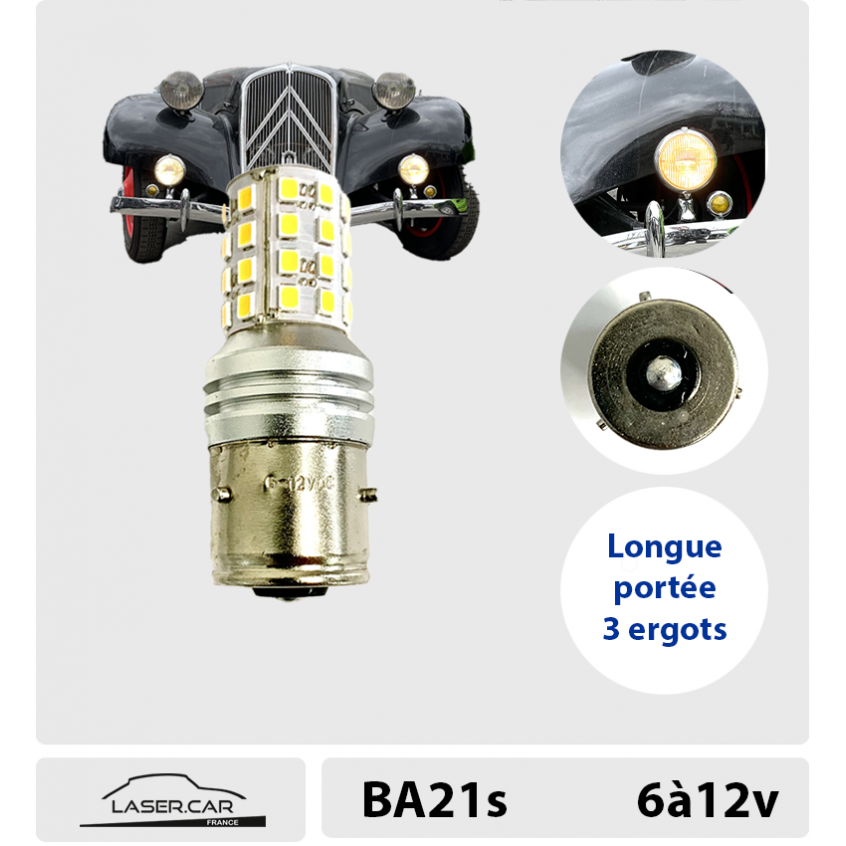 Ampoule LED BA21s, 3 ERGOTS, 6 à 12v, Blanc Chaud
