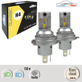 H4 LED 150w TURBO VENTILEE BLANC CHAUD  LASERCAR