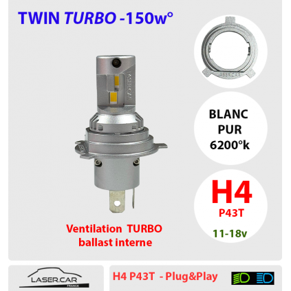 H4 150W BLANC CHAUD , LASER CAR